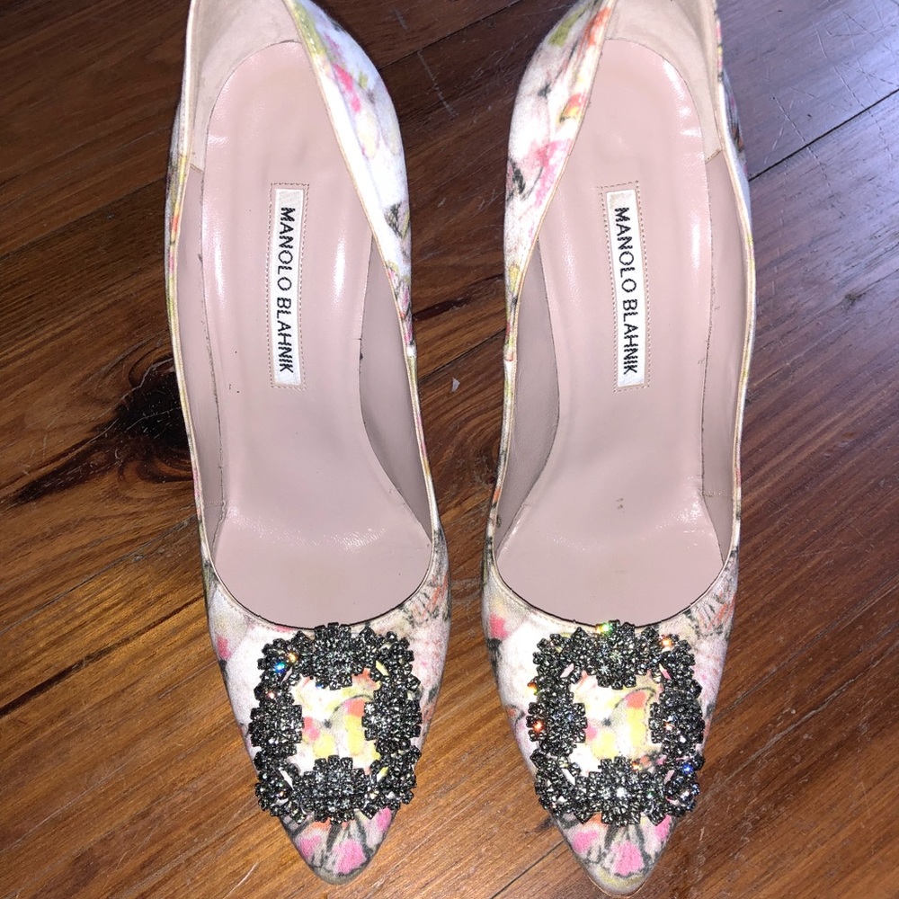 Manolo Blahnik Floral Pink Yellow Crystal-Embellished Pumps